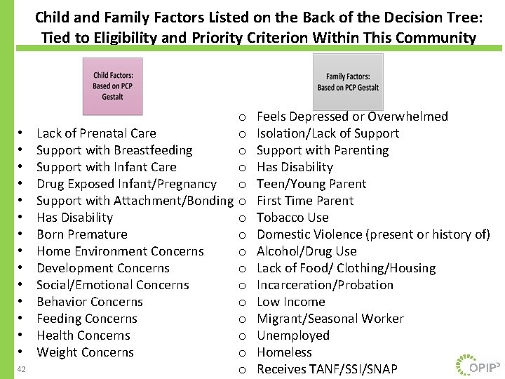 Child and Family Factors Listed on the Back of the Decision Tree: Tied to