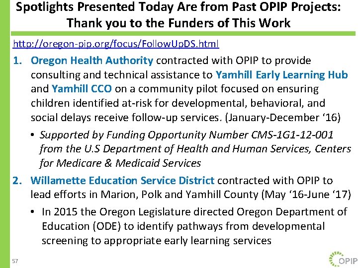 Spotlights Presented Today Are from Past OPIP Projects: Thank you to the Funders of