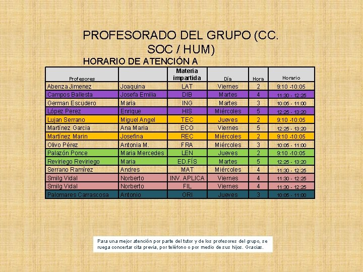 PROFESORADO DEL GRUPO (CC. SOC / HUM) HORARIO DE ATENCIÓN A Materia PADRES/MADRES Profesores