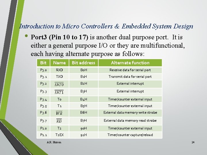 Introduction to Micro Controllers & Embedded System Design • Port 3 (Pin 10 to