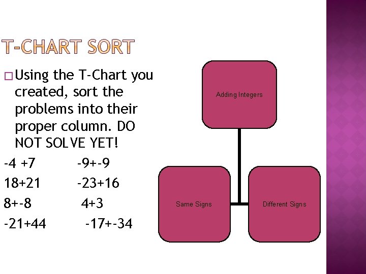 � Using the T-Chart you created, sort the problems into their proper column. DO