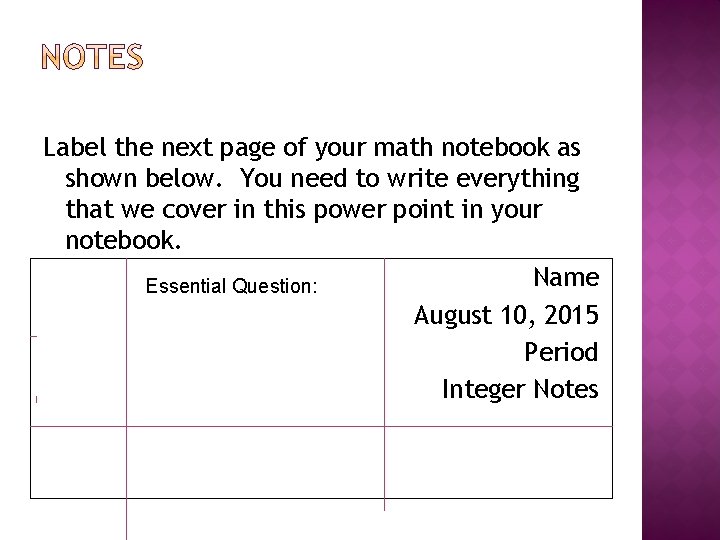 Label the next page of your math notebook as shown below. You need to