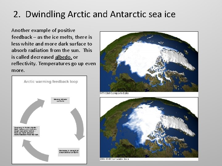 2. Dwindling Arctic and Antarctic sea ice Another example of positive feedback – as