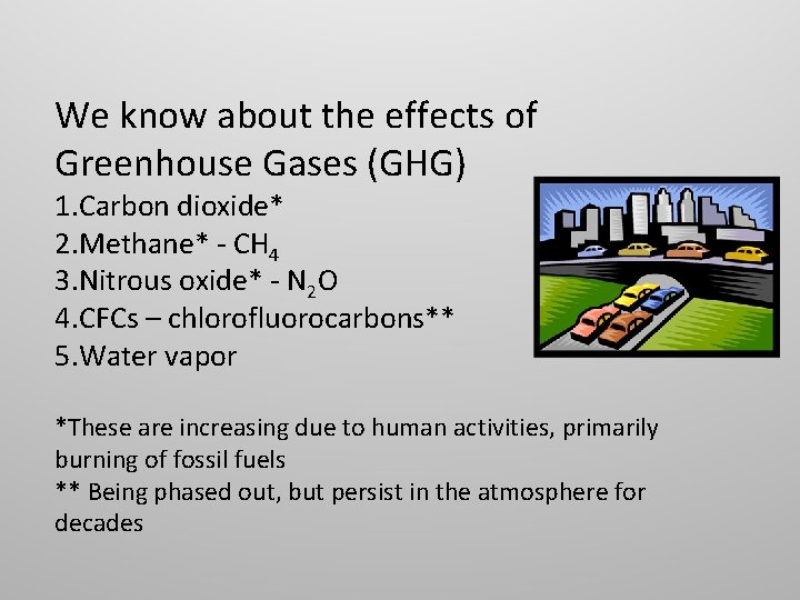 We know about the effects of Greenhouse Gases (GHG) 1. Carbon dioxide* 2. Methane*