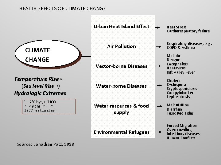 HEALTH EFFECTS OF CLIMATE CHANGE Temperature Rise 1 (Sea level Rise 2) Urban Heat