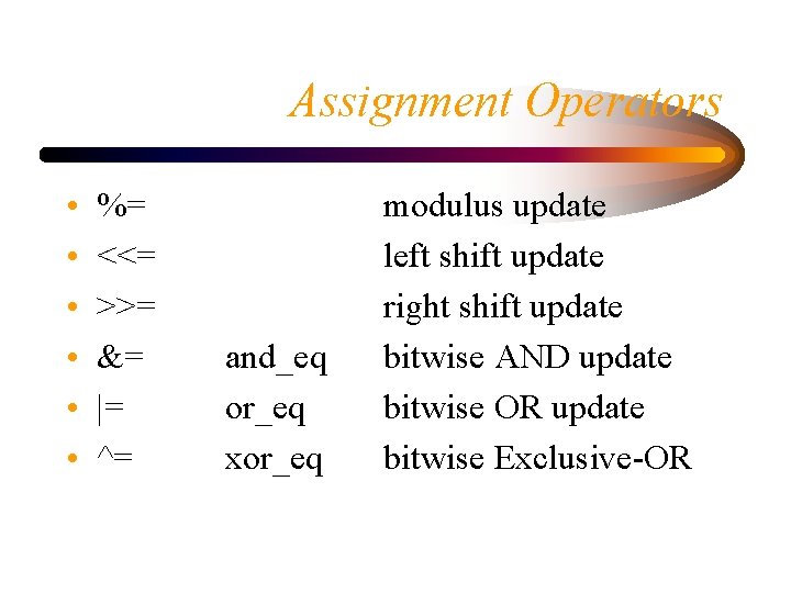 Assignment Operators • • • %= <<= >>= &= |= ^= and_eq or_eq xor_eq