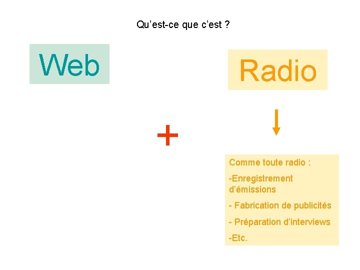 Qu’est-ce que c’est ? Web Radio + Comme toute radio : -Enregistrement d’émissions -