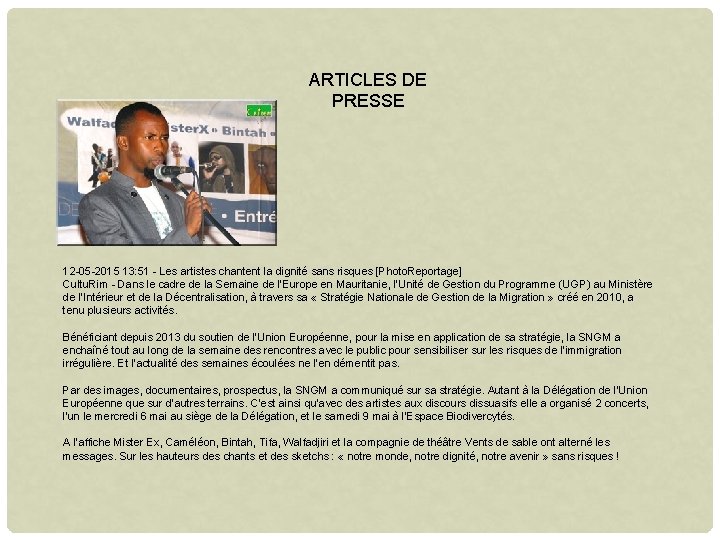 ARTICLES DE PRESSE 12 -05 -2015 13: 51 - Les artistes chantent la dignité