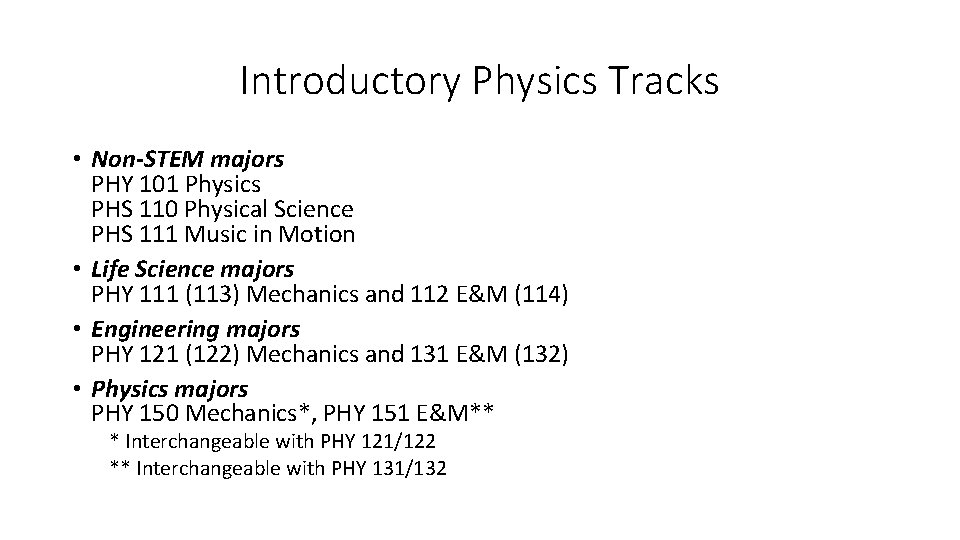 Introductory Physics Tracks • Non-STEM majors PHY 101 Physics PHS 110 Physical Science PHS