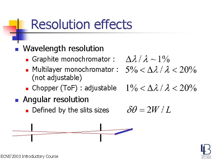 Resolution effects n Wavelength resolution n n Graphite monochromator : Multilayer monochromator : (not