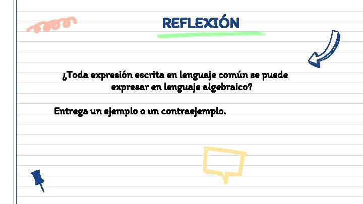 REFLEXIÓN ¿Toda expresión escrita en lenguaje común se puede expresar en lenguaje algebraico? Entrega