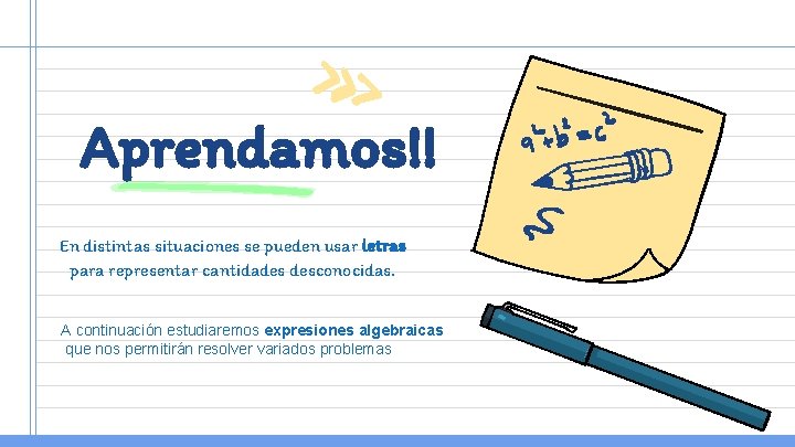 Aprendamos!! En distintas situaciones se pueden usar letras para representar cantidades desconocidas. A continuación