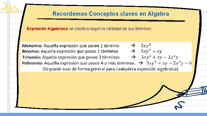 Recordemos Conceptos claves en Algebra Expresión Algebraica se clasifica según la cantidad de sus