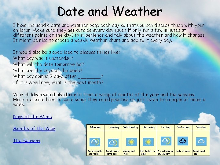 Date and Weather I have included a date and weather page each day so