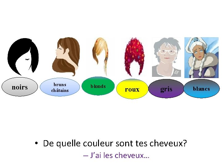 noirs bruns châtains blonds roux gris • De quelle couleur sont tes cheveux? –