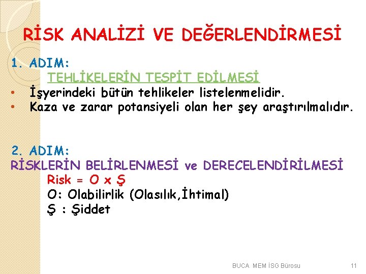 RİSK ANALİZİ VE DEĞERLENDİRMESİ 1. ADIM: TEHLİKELERİN TESPİT EDİLMESİ • İşyerindeki bütün tehlikeler listelenmelidir.