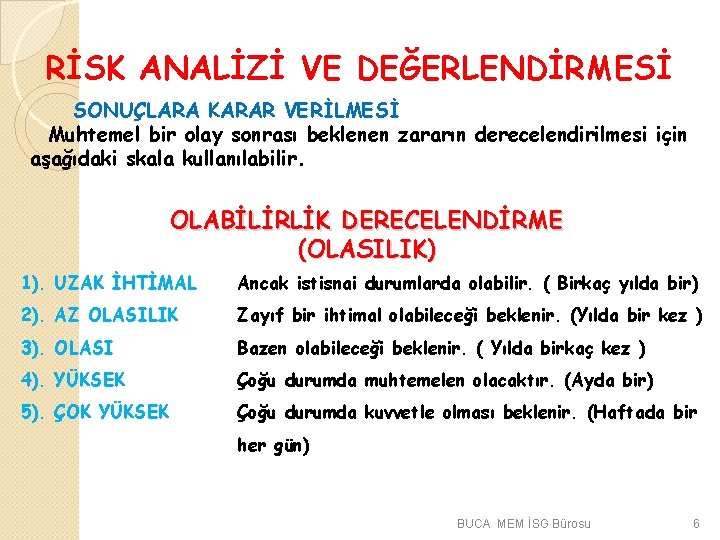 RİSK ANALİZİ VE DEĞERLENDİRMESİ SONUÇLARA KARAR VERİLMESİ Muhtemel bir olay sonrası beklenen zararın derecelendirilmesi