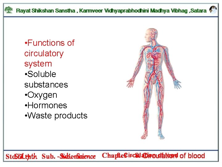  • Functions of circulatory system • Soluble substances • Oxygen • Hormones •