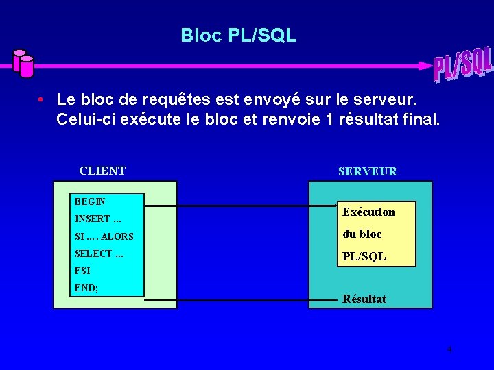Bloc PL/SQL • Le bloc de requêtes est envoyé sur le serveur. Celui-ci exécute