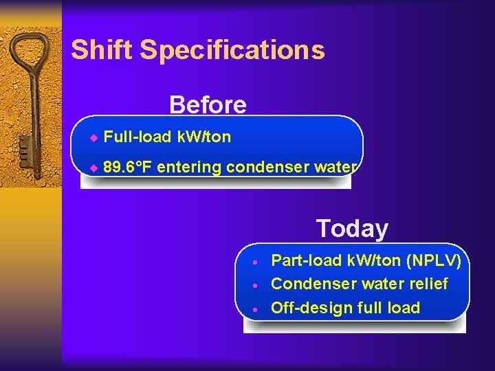 Shift Specifications Before ¨ Full-load k. W/ton ¨ 89. 6°F entering condenser water Today