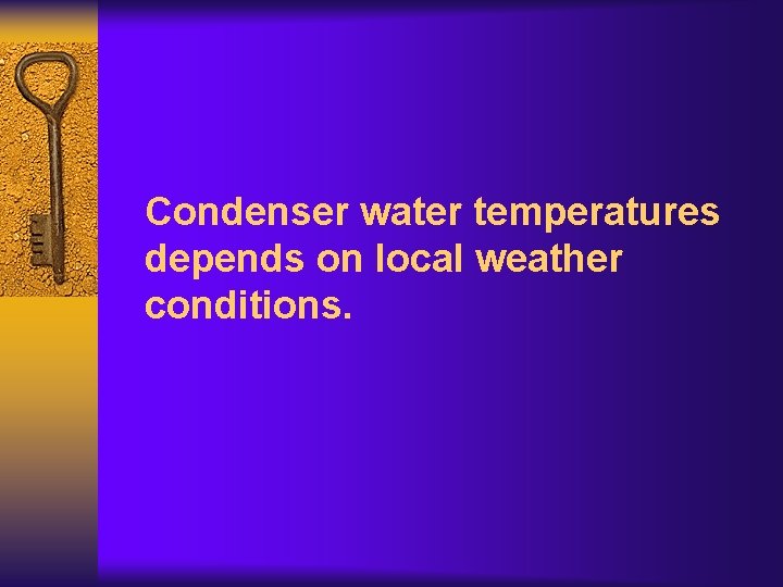 Condenser water temperatures depends on local weather conditions. 