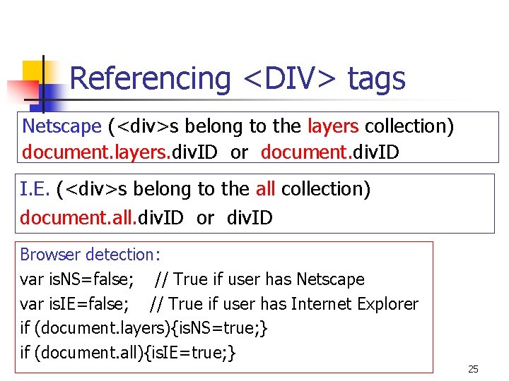Referencing <DIV> tags Netscape (<div>s belong to the layers collection) document. layers. div. ID