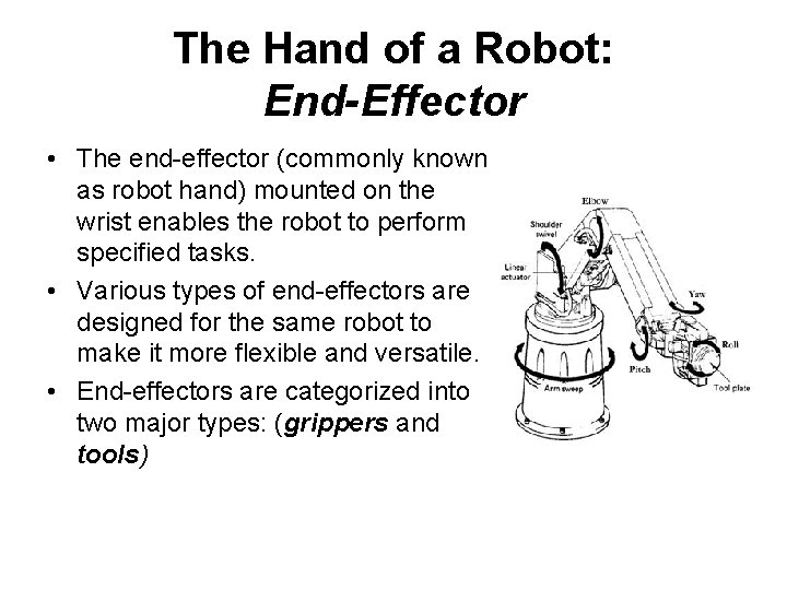 The Hand of a Robot: End-Effector • The end-effector (commonly known as robot hand)