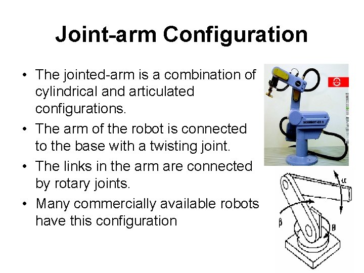 Joint-arm Configuration • The jointed-arm is a combination of cylindrical and articulated configurations. •