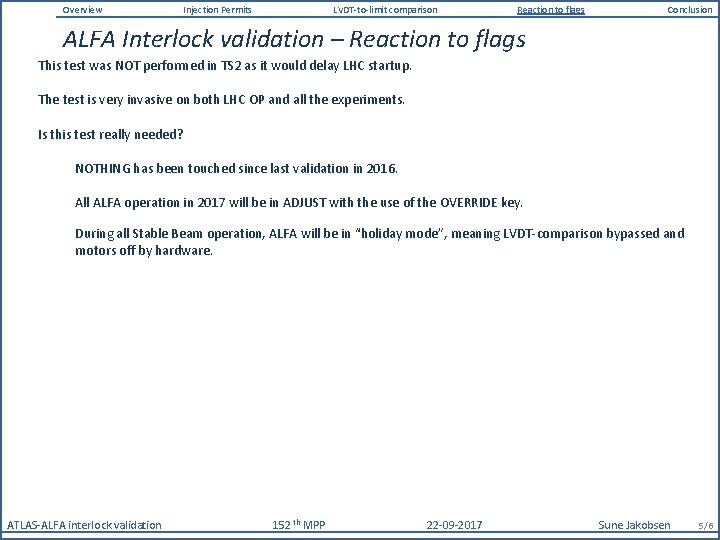 Overview Injection Permits LVDT-to-limit comparison Reaction to flags Conclusion ALFA Interlock validation – Reaction