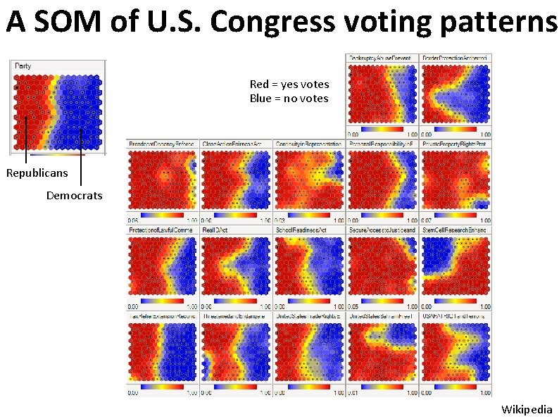 A SOM of U. S. Congress voting patterns Red = yes votes Blue =