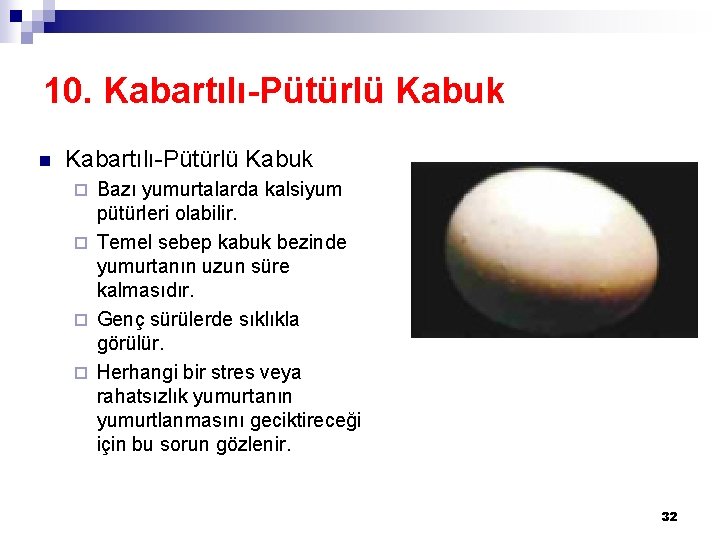 10. Kabartılı-Pütürlü Kabuk n Kabartılı-Pütürlü Kabuk Bazı yumurtalarda kalsiyum pütürleri olabilir. ¨ Temel sebep