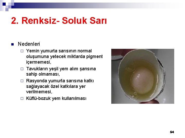 2. Renksiz- Soluk Sarı n Nedenleri Yemin yumurta sarısının normal oluşumuna yetecek miktarda pigment