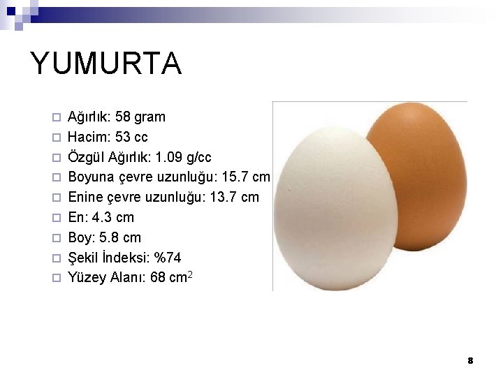 YUMURTA ¨ ¨ ¨ ¨ ¨ Ağırlık: 58 gram Hacim: 53 cc Özgül Ağırlık: