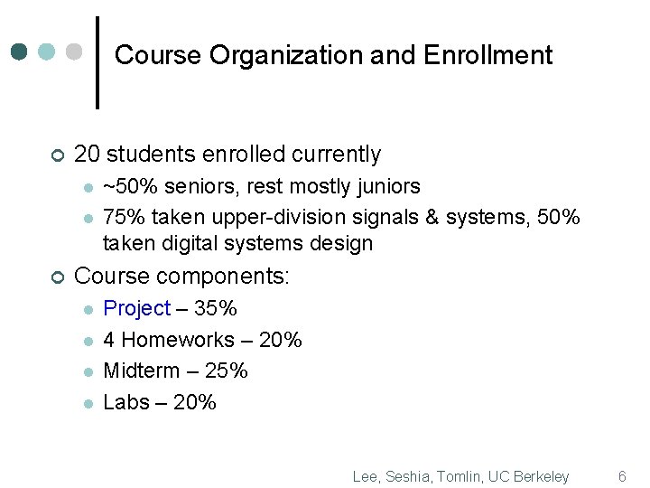 Course Organization and Enrollment ¢ 20 students enrolled currently l l ¢ ~50% seniors,