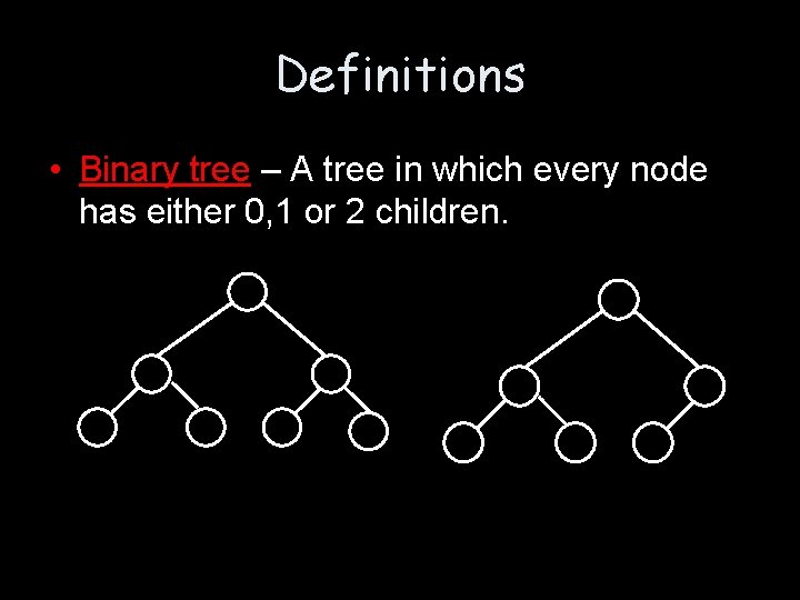 Definitions • Binary tree – A tree in which every node has either 0, Definitions • Binary tree – A tree in which every node has either 0,