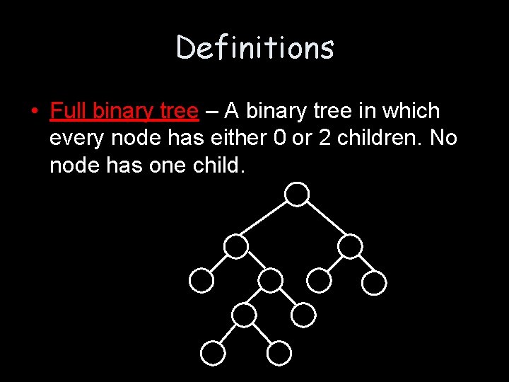 Definitions • Full binary tree – A binary tree in which every node has