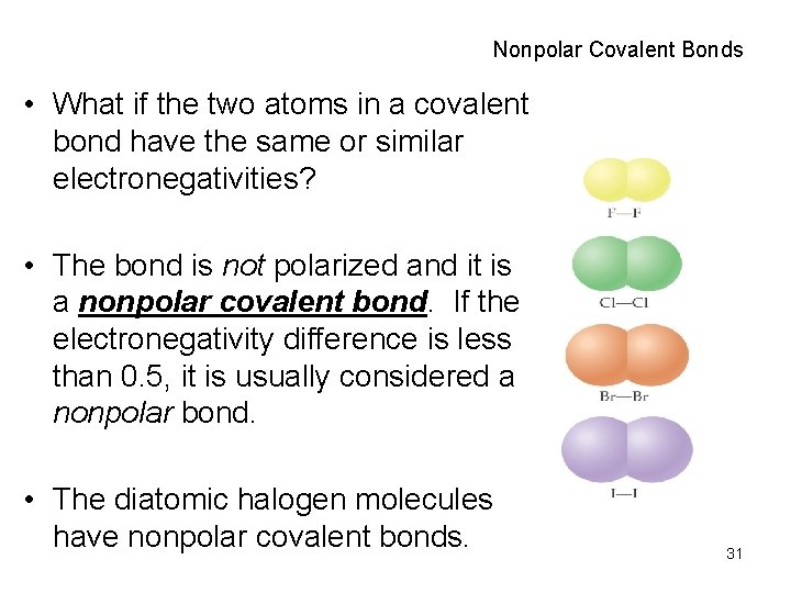 Nonpolar Covalent Bonds • What if the two atoms in a covalent bond have