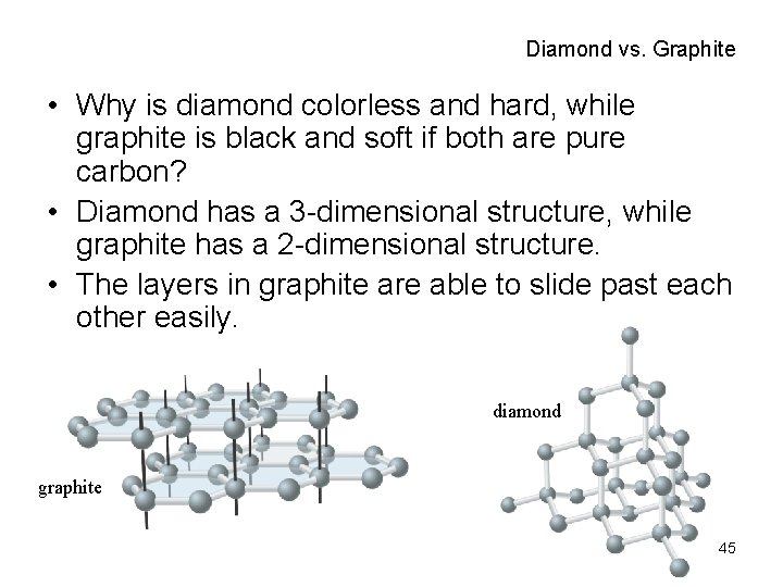 Diamond vs. Graphite • Why is diamond colorless and hard, while graphite is black