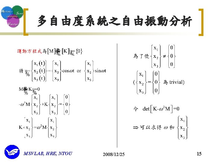 多自由度系統之自由振動分析 MSVLAB, HRE, NTOU 2008/12/25 15 