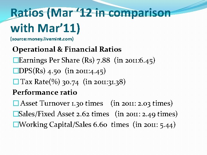 Ratios (Mar ‘ 12 in comparison with Mar’ 11) (source: money. livemint. com) Operational