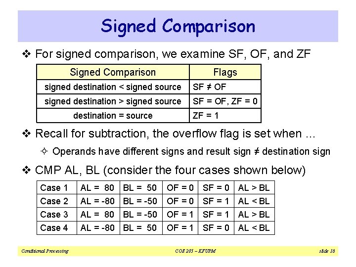 Signed Comparison v For signed comparison, we examine SF, OF, and ZF Signed Comparison