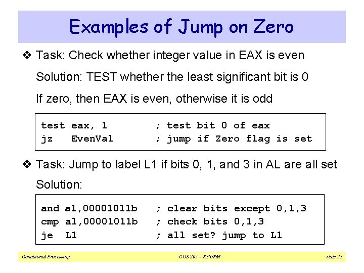 Examples of Jump on Zero v Task: Check whether integer value in EAX is