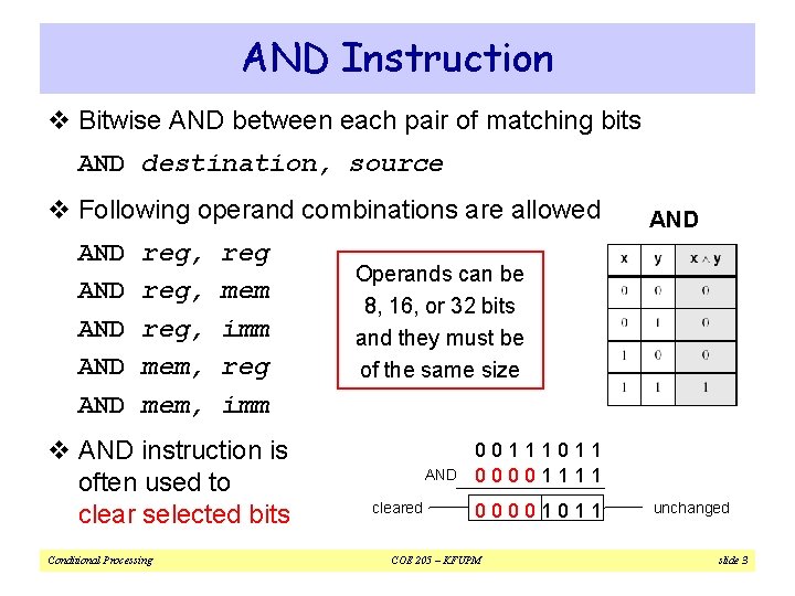 AND Instruction v Bitwise AND between each pair of matching bits AND destination, source
