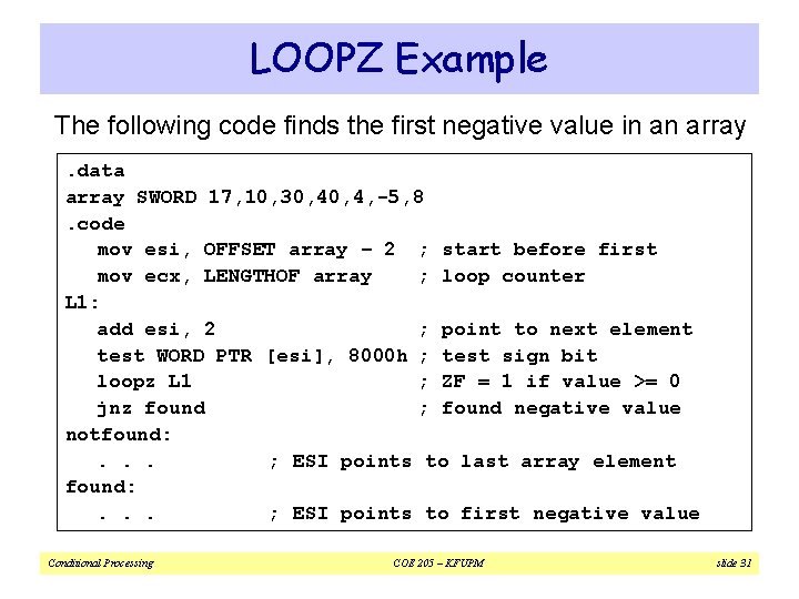 LOOPZ Example The following code finds the first negative value in an array. data