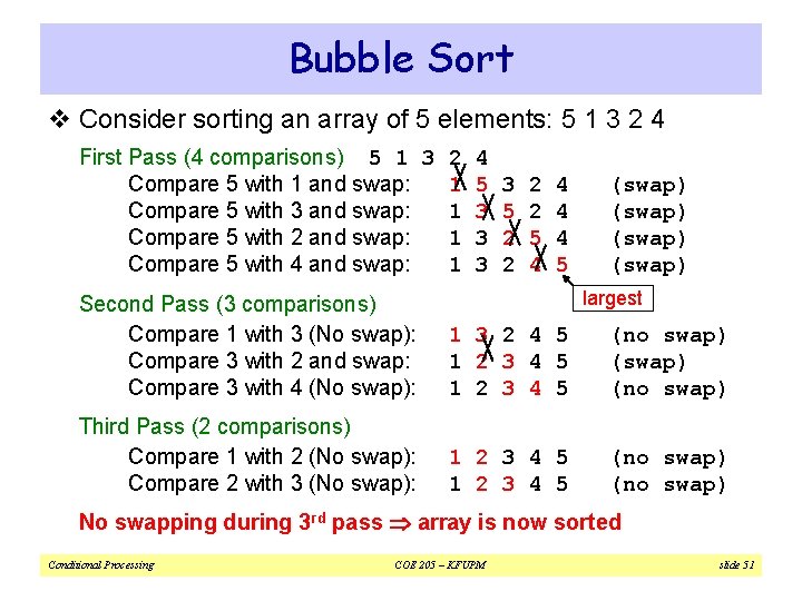 Bubble Sort v Consider sorting an array of 5 elements: 5 1 3 2