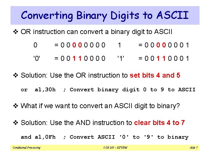 Converting Binary Digits to ASCII v OR instruction can convert a binary digit to