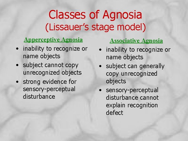 Classes of Agnosia (Lissauer’s stage model) Apperceptive Agnosia • inability to recognize or name