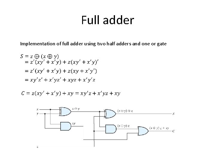 Full adder Implementation of full adder using two half adders and one or gate
