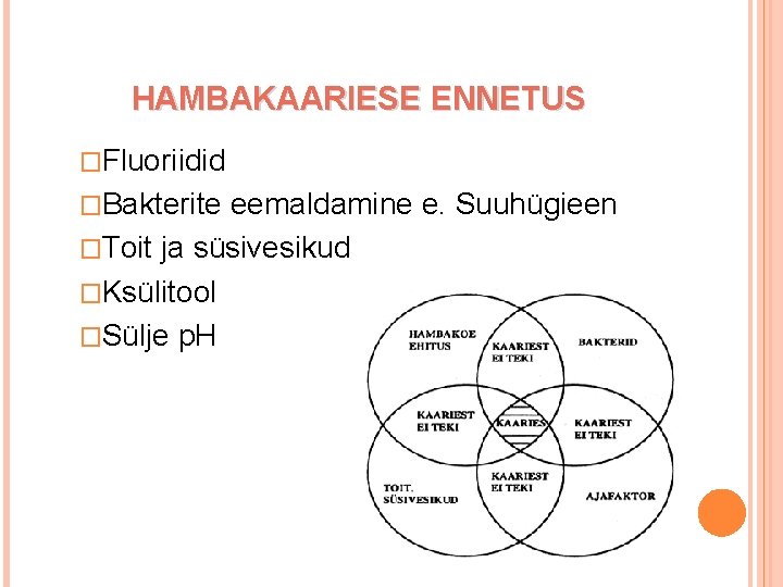 HAMBAKAARIESE ENNETUS �Fluoriidid �Bakterite eemaldamine e. Suuhügieen �Toit ja süsivesikud �Ksülitool �Sülje p. H