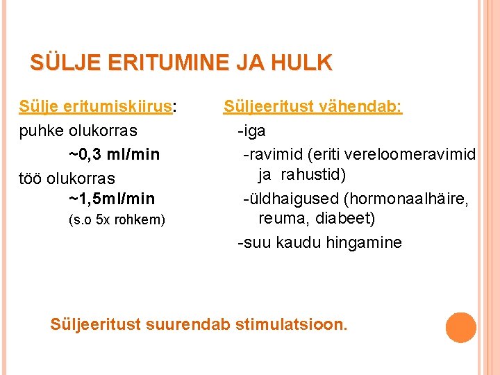SÜLJE ERITUMINE JA HULK Sülje eritumiskiirus: puhke olukorras ~0, 3 ml/min töö olukorras ~1,